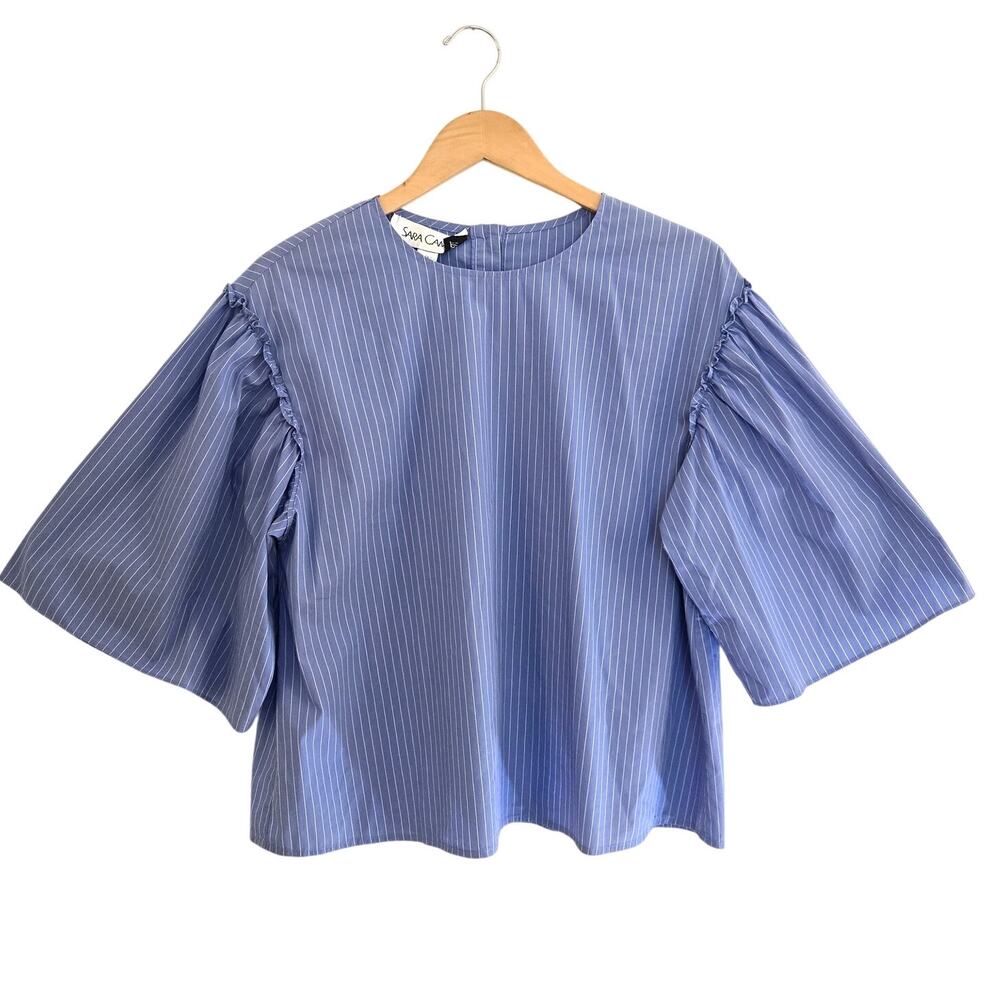 Sara Campbell Light Blue Pinstripe Cotton Blend Ruffle Sleeve Top M
